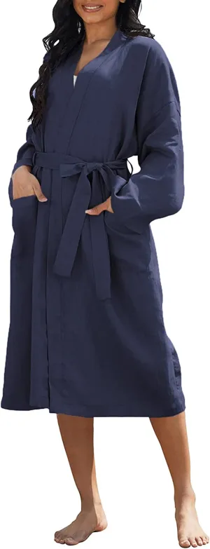 Amazhiyu Womens Pure Linen Mid Length Kimono Robes