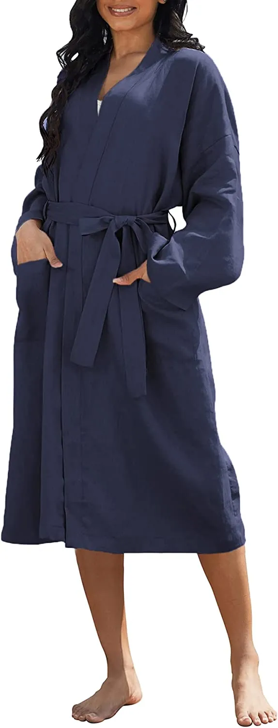 Amazhiyu Womens Pure Linen Mid Length Kimono Robes