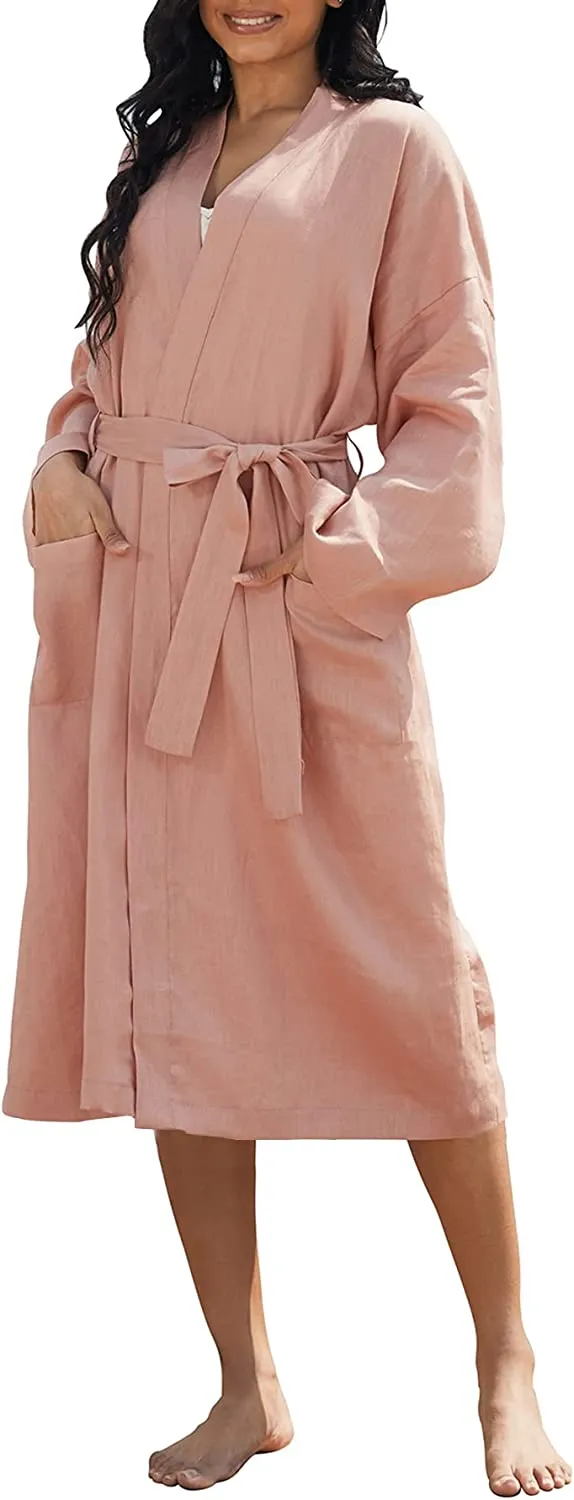 Amazhiyu Womens Pure Linen Mid Length Kimono Robes