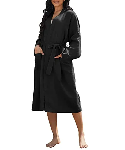 Amazhiyu Womens Pure Linen Mid Length Kimono Robes