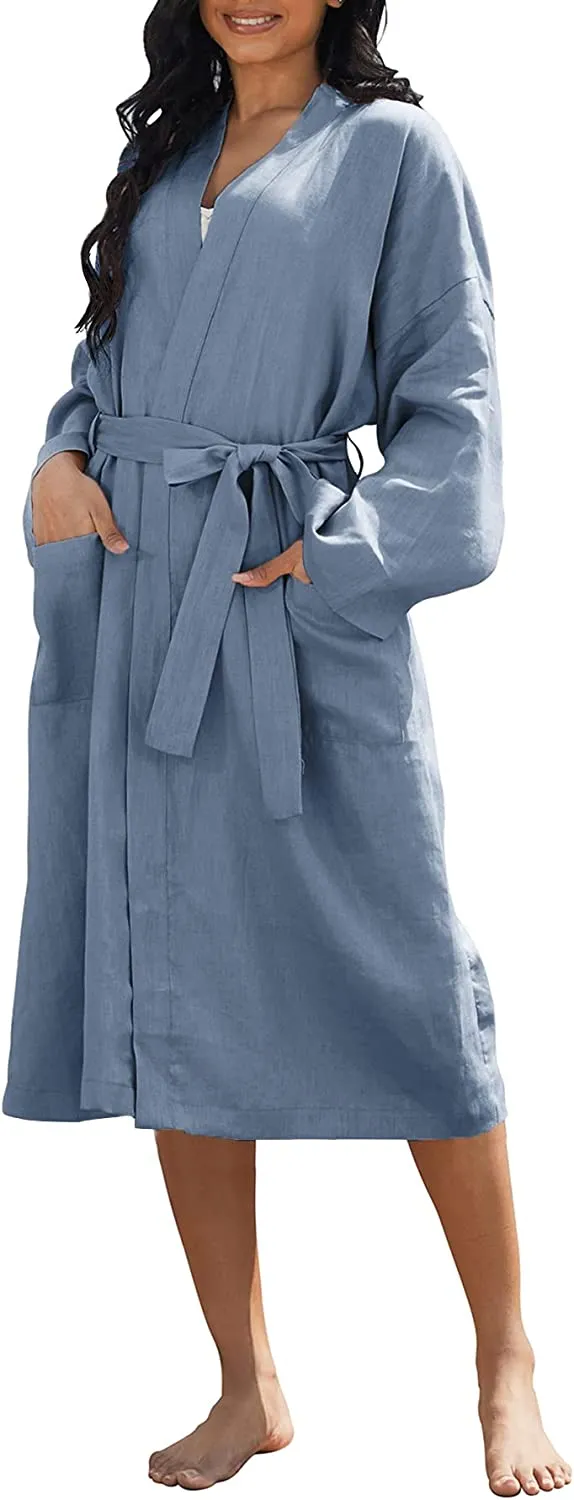Amazhiyu Womens Pure Linen Mid Length Kimono Robes