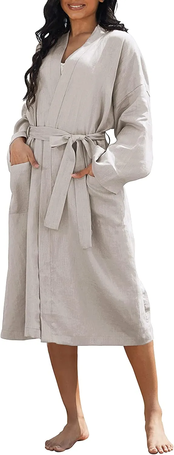 Amazhiyu Womens Pure Linen Mid Length Kimono Robes