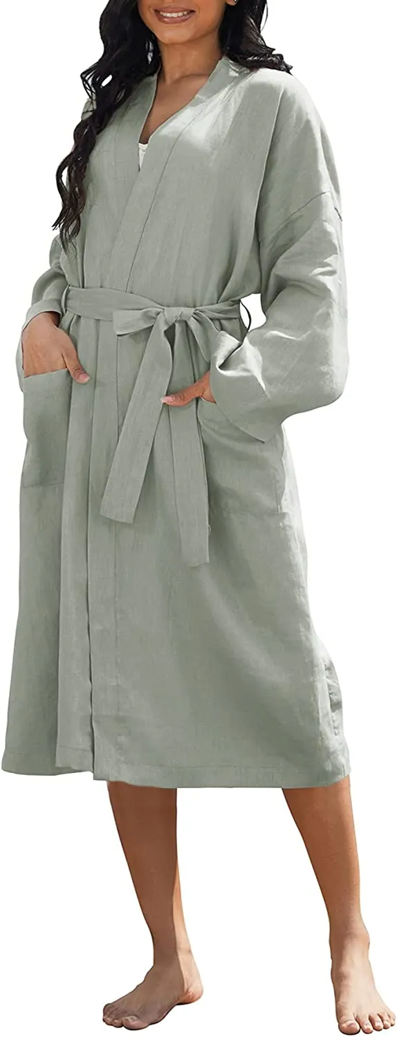 Amazhiyu Womens Pure Linen Mid Length Kimono Robes