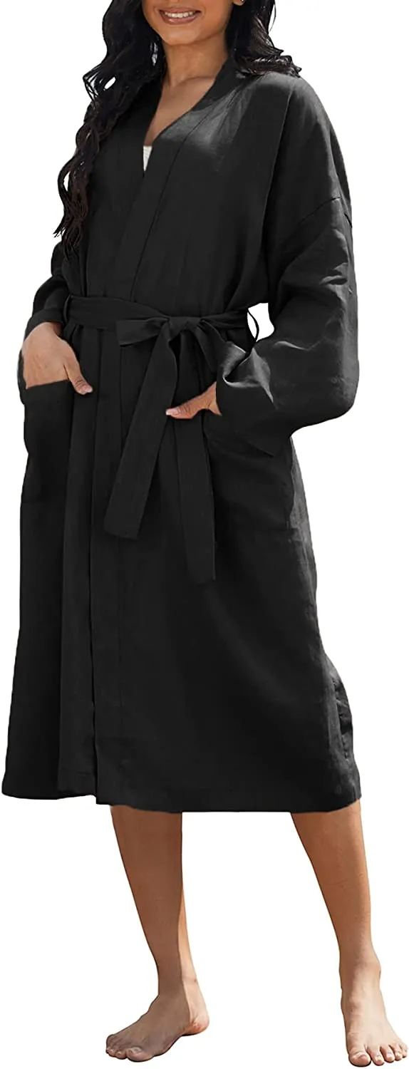 Amazhiyu Womens Pure Linen Mid Length Kimono Robes