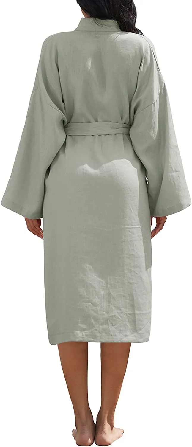 Amazhiyu Womens Pure Linen Mid Length Kimono Robes