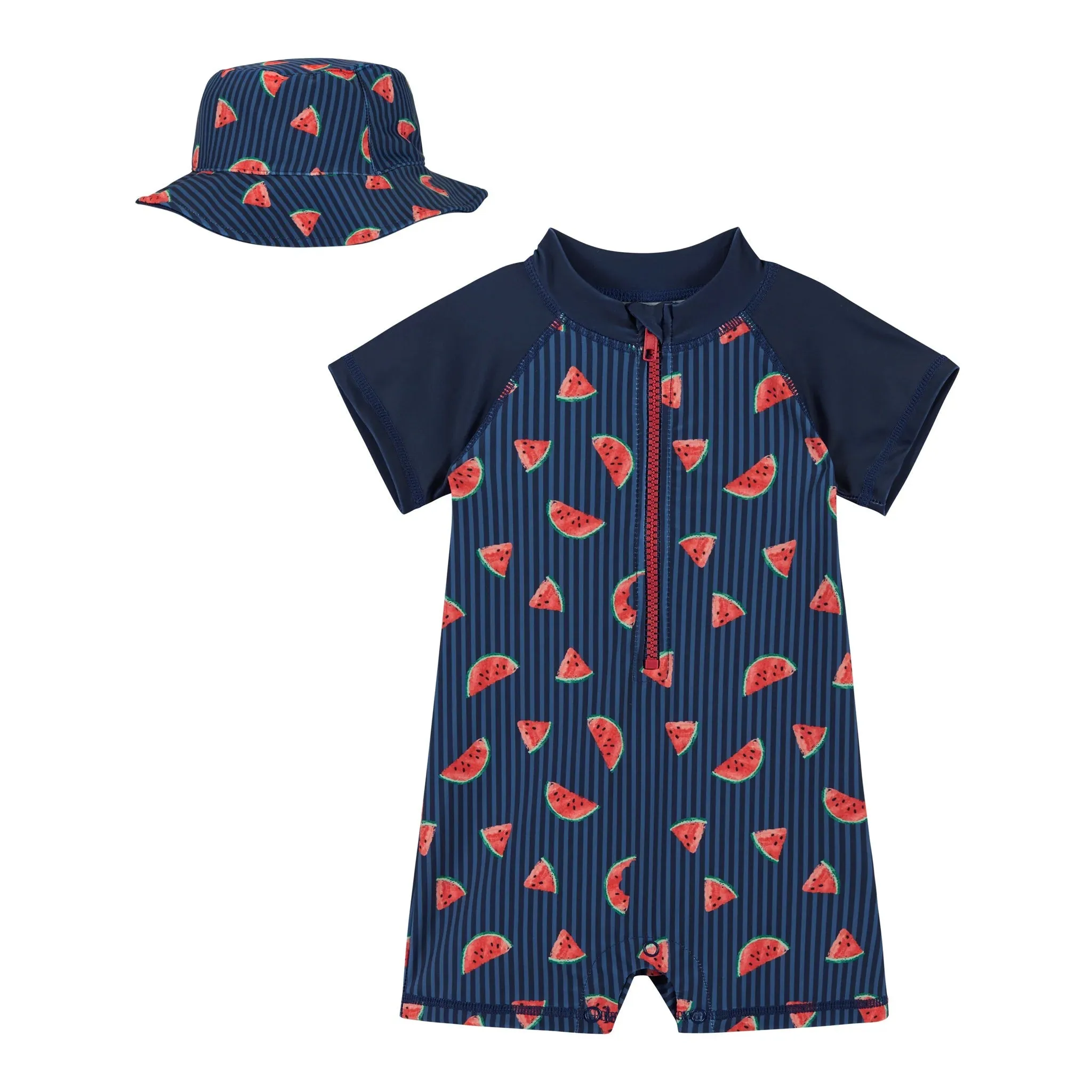 Andy & Evan Infant UPF 50  Navy Watermelon Print Swim Romper & Hat Set