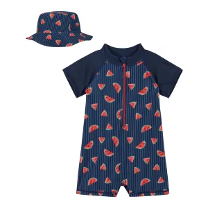 Andy & Evan Infant UPF 50  Navy Watermelon Print Swim Romper & Hat Set