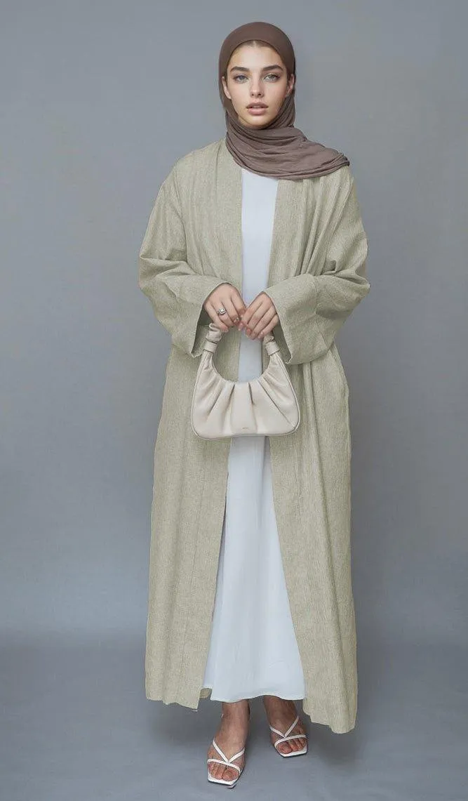 Beige Lounia maxi throw over abaya in light linen fabric with a detachable belt