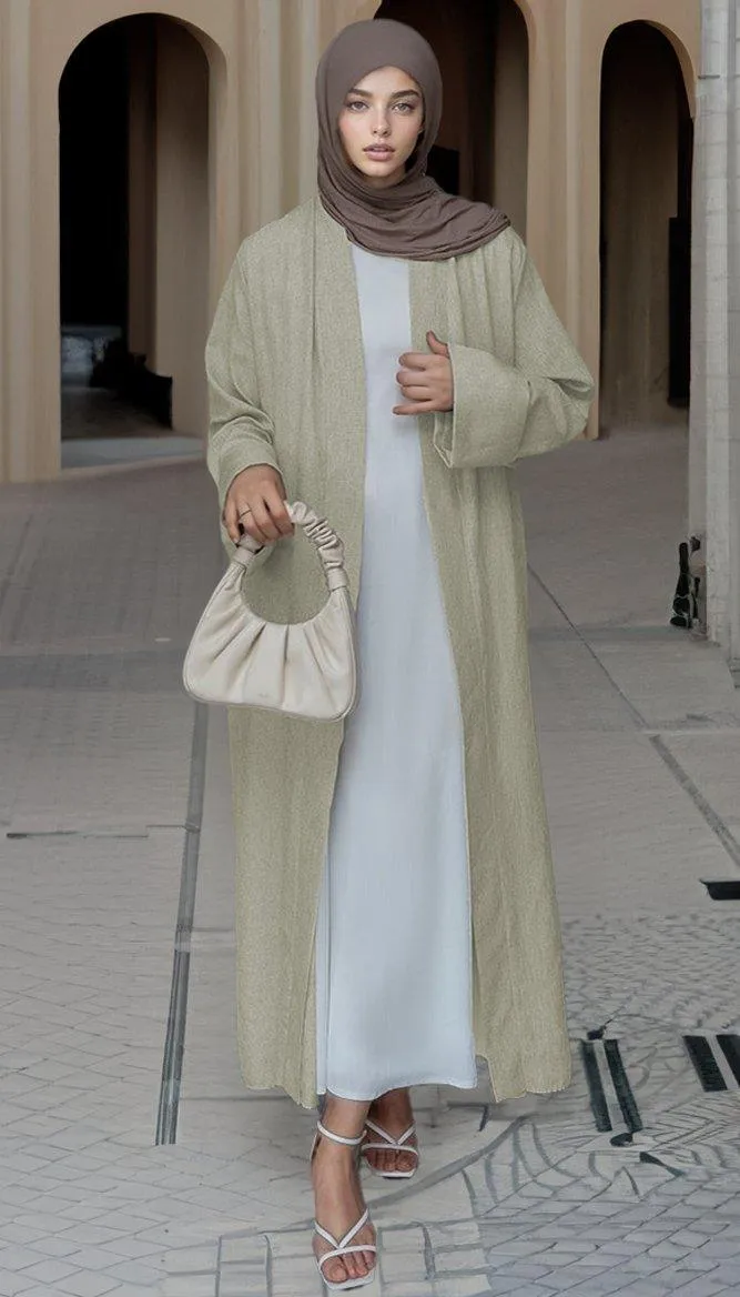 Beige Lounia maxi throw over abaya in light linen fabric with a detachable belt