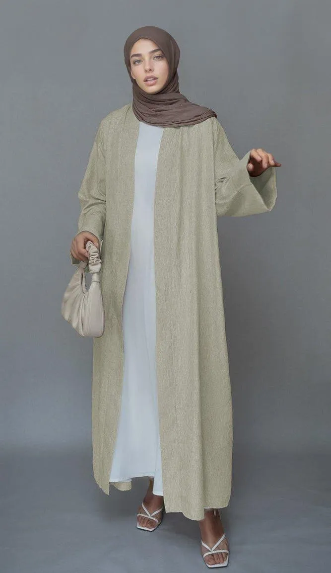 Beige Lounia maxi throw over abaya in light linen fabric with a detachable belt