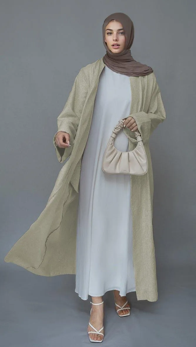 Beige Lounia maxi throw over abaya in light linen fabric with a detachable belt