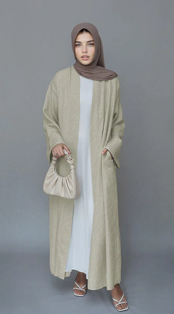Beige Lounia maxi throw over abaya in light linen fabric with a detachable belt