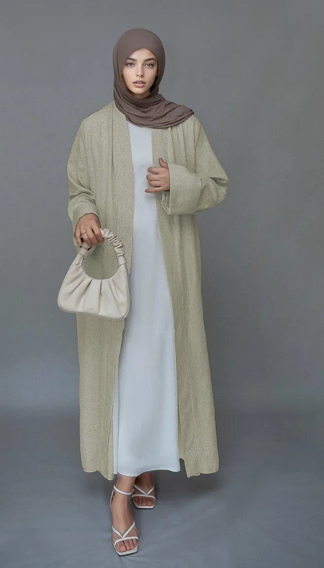 Beige Lounia maxi throw over abaya in light linen fabric with a detachable belt