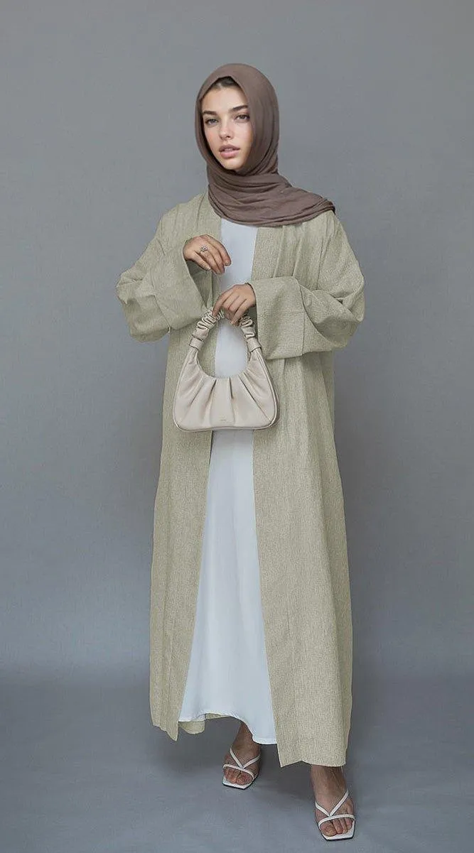 Beige Lounia maxi throw over abaya in light linen fabric with a detachable belt