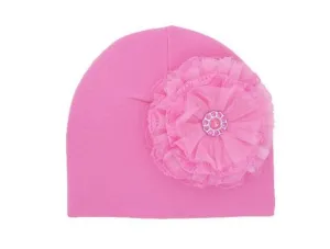 Candy Pink Cotton Hat with Candy Pink Lace Rose