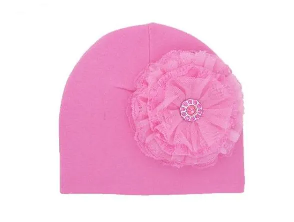 Candy Pink Cotton Hat with Candy Pink Lace Rose