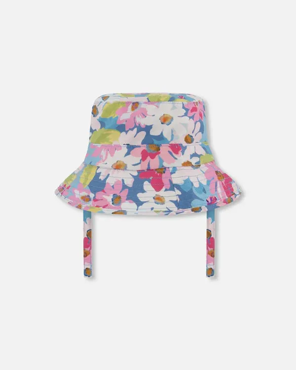 deux par deux Girls Printed Beach Sun Hat - White, Pink, And Green Flowers