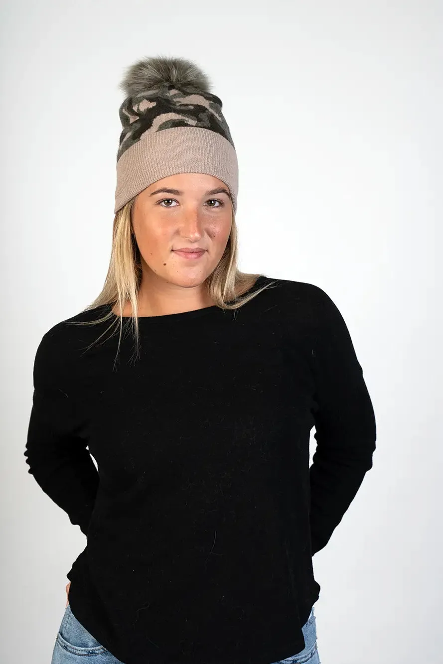 Knitted  Camouflage Hat With Fox Pom