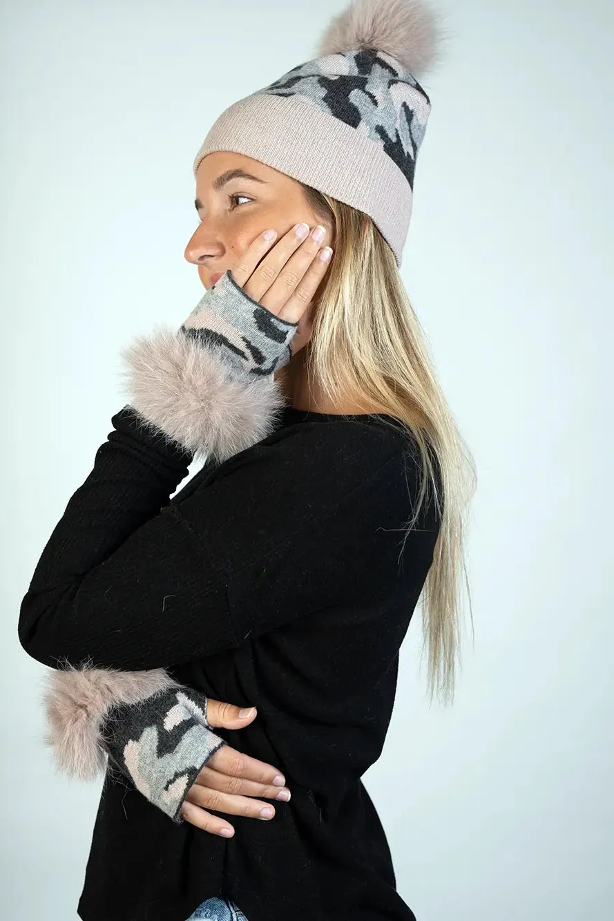 Knitted  Camouflage Hat With Fox Pom