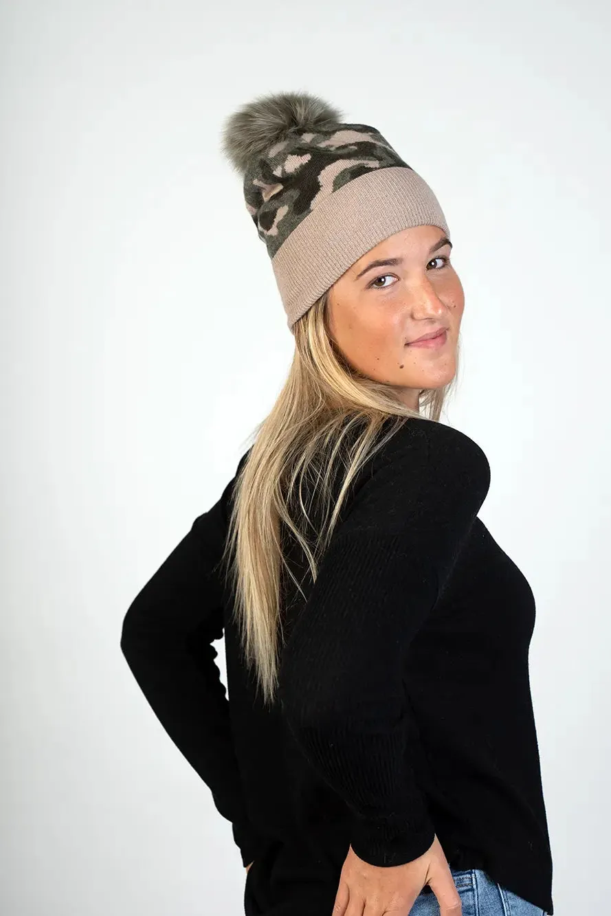 Knitted  Camouflage Hat With Fox Pom