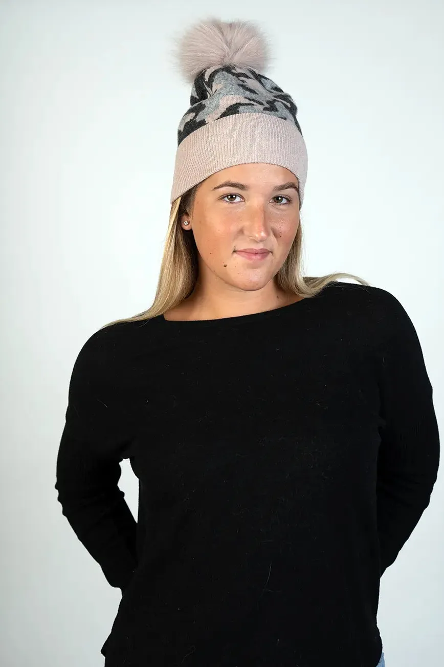 Knitted  Camouflage Hat With Fox Pom