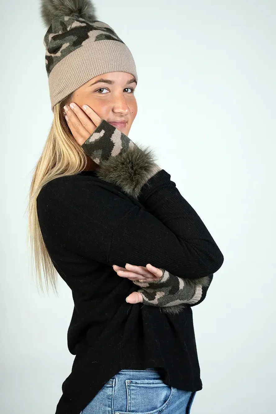 Knitted  Camouflage Hat With Fox Pom