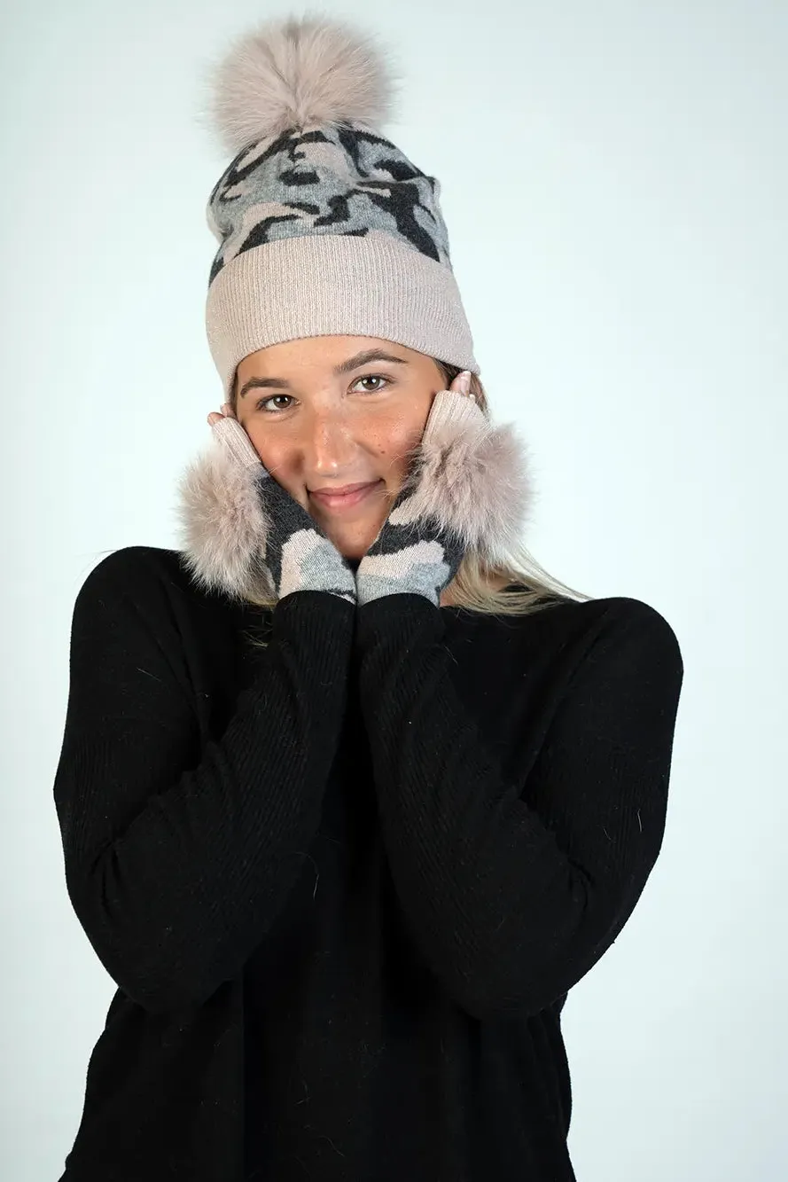 Knitted  Camouflage Hat With Fox Pom