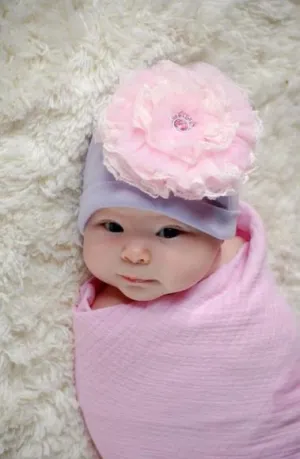 Lavender Cotton Hat with Pale Pink Lace Rose