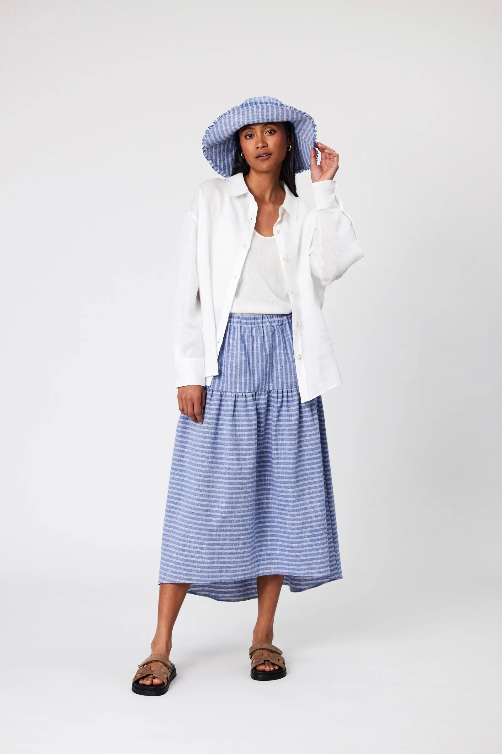 Linen Bucket Hat - Denim Stripe