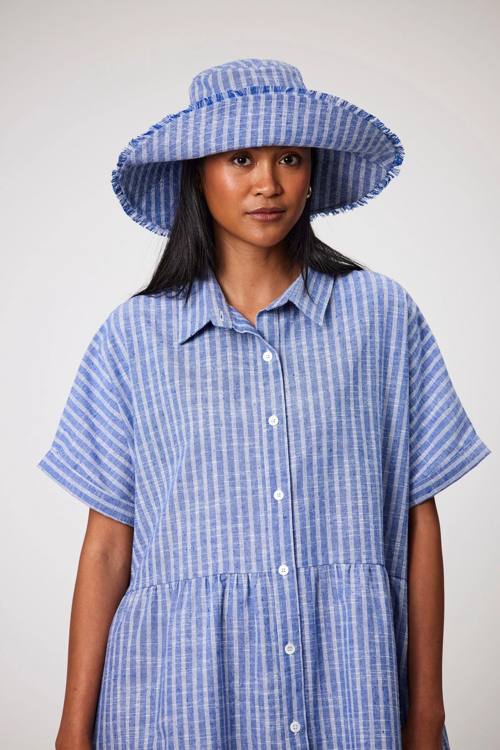 Linen Bucket Hat - Denim Stripe