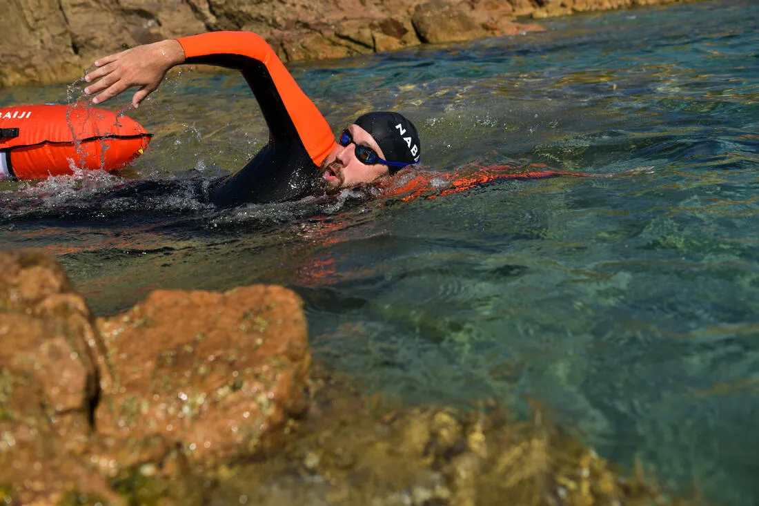 Men’s open water swimming neoprene wetsuit - OWS 100 2/2 black orange