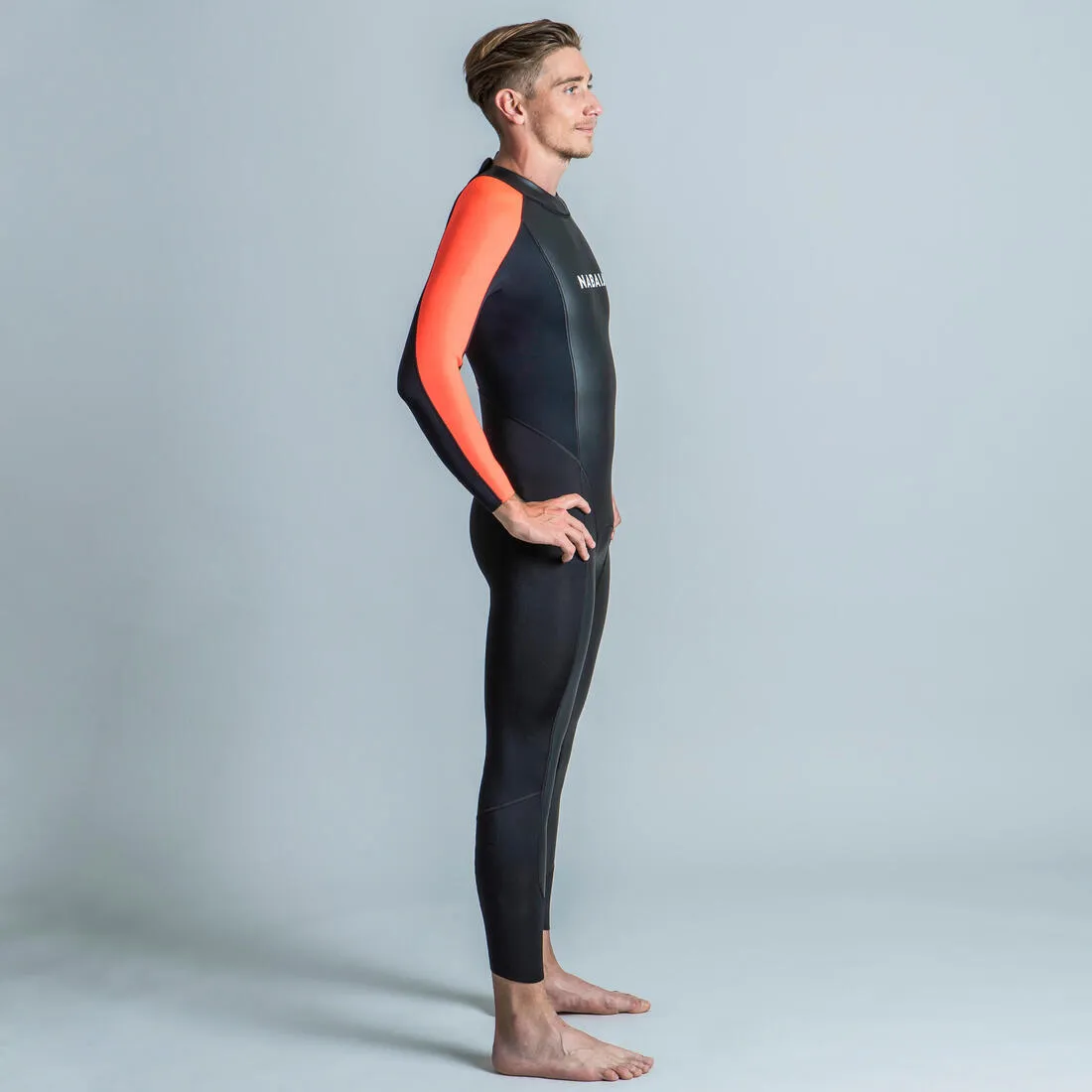 Men’s open water swimming neoprene wetsuit - OWS 100 2/2 black orange