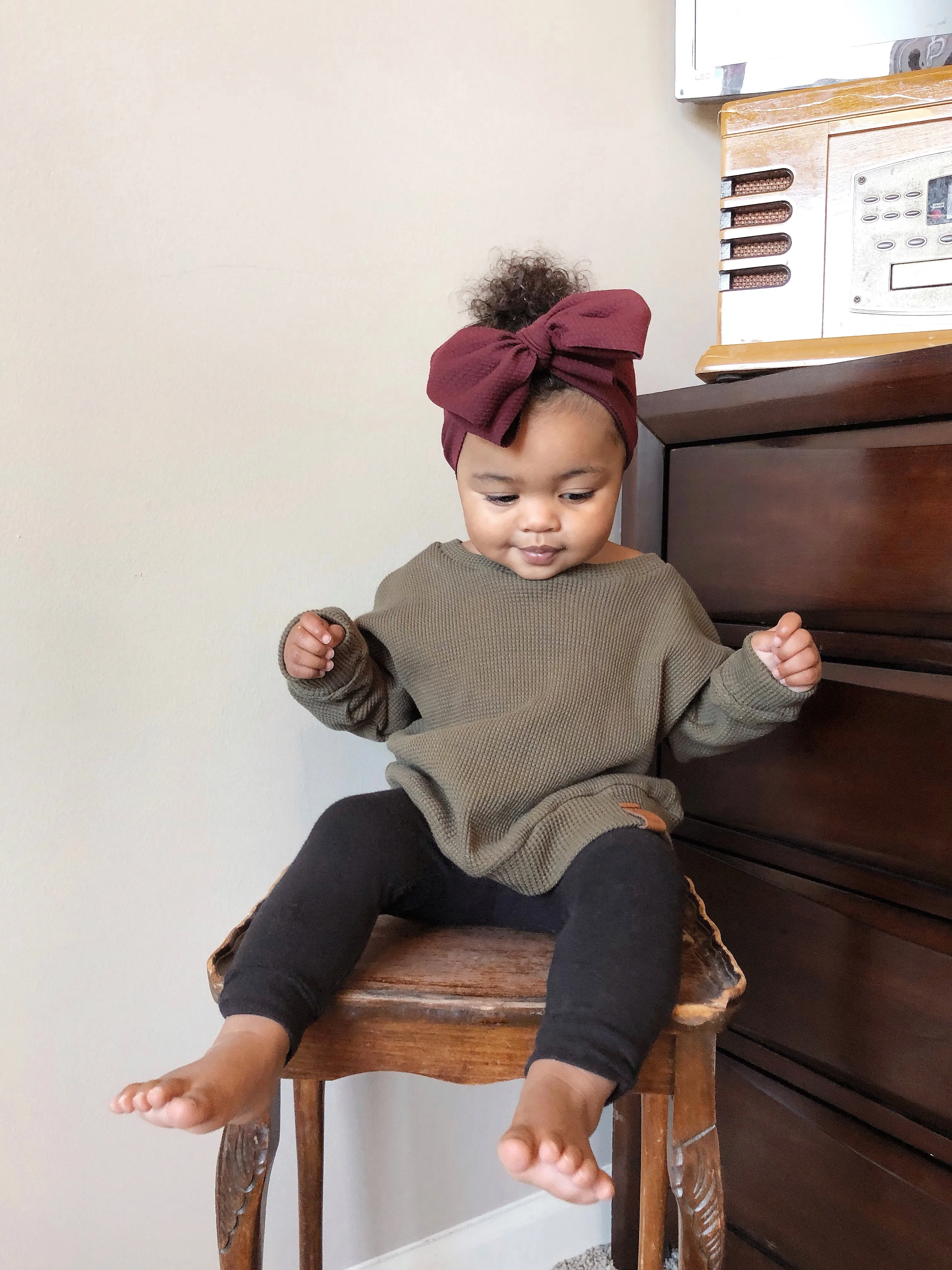 Organic Waffle Knit Crew Neck Pullover - Olive Green