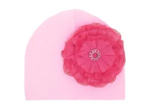 Pale Pink Cotton Hat with Raspberry Lace Rose