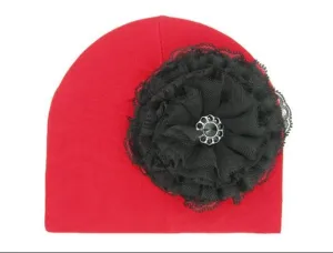 Red Cotton Hat with Black Lace Rose