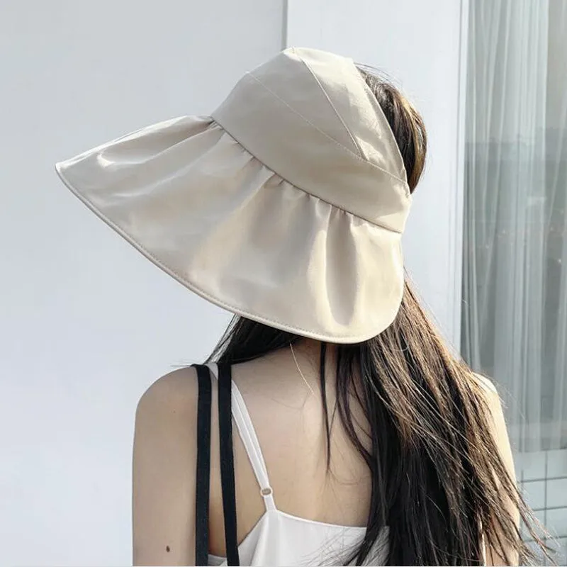 Summer UV Protection Sun Hat with Pearl Adjustable Big Heads Wide-Brimmed Beach Hat