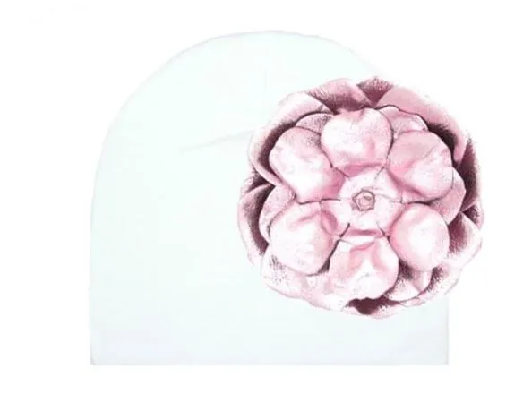 White Cotton Hat with Metallic Pale Pink Rose